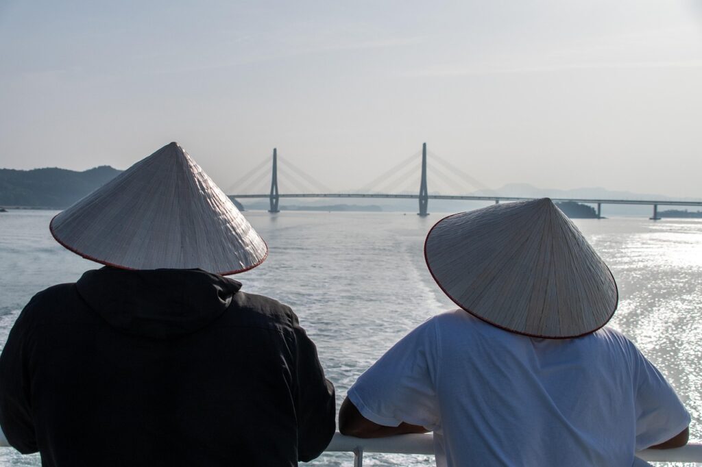 bridge, nature, ship, sea, hats, people